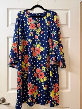 AGB Navy Floral & Polka Dot Bell-Sleeve Dress